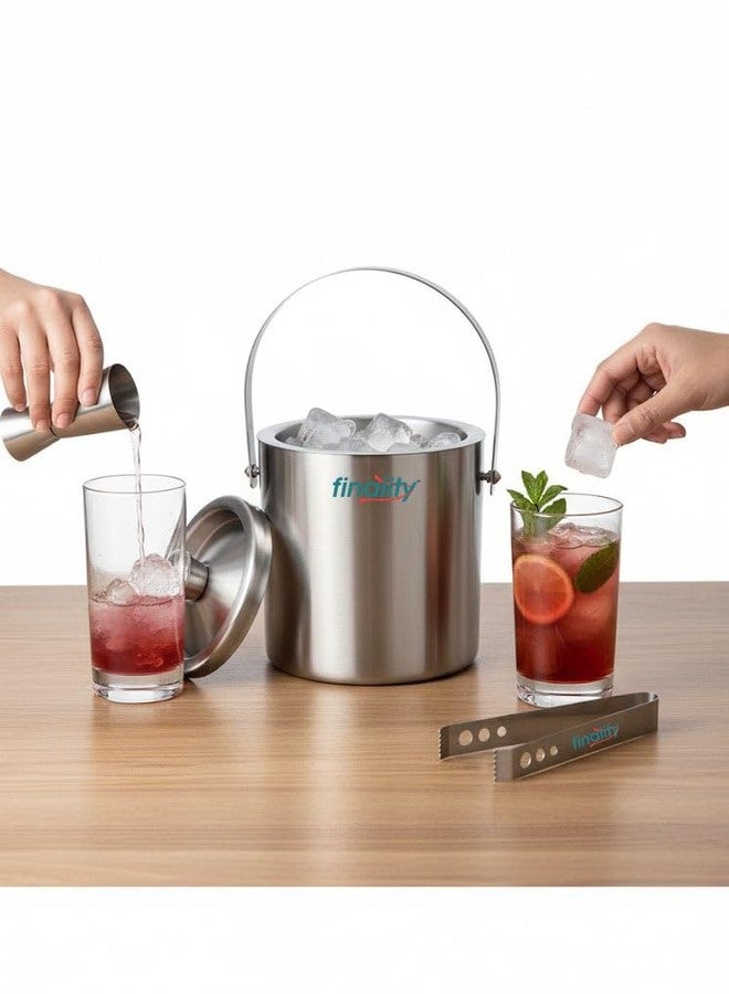 FINALITY Stainless Steel Double Walled Insulated Ice Bucket with Lid with Tong and V Peg Measure, 1.5 Liter - Image 2